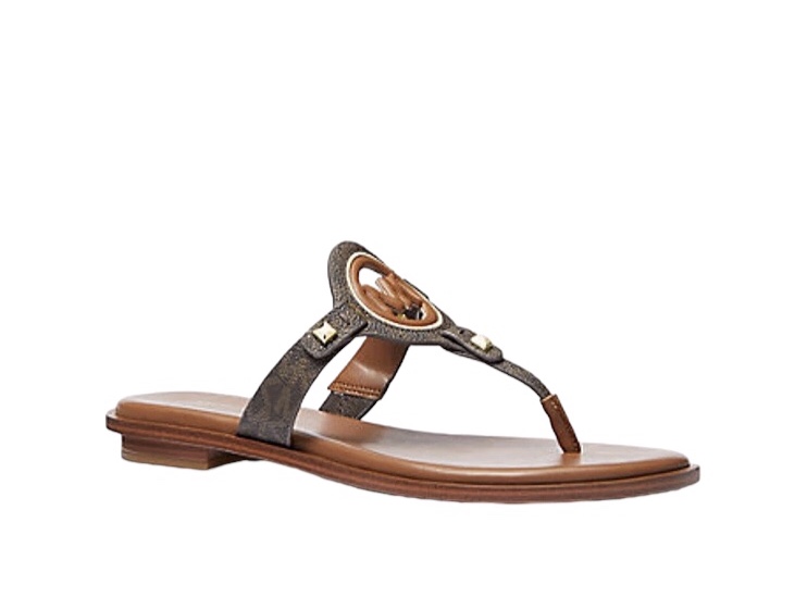 MK Aubrey Cutout Signature Logo Leather T-Strap Slipper (Brown)